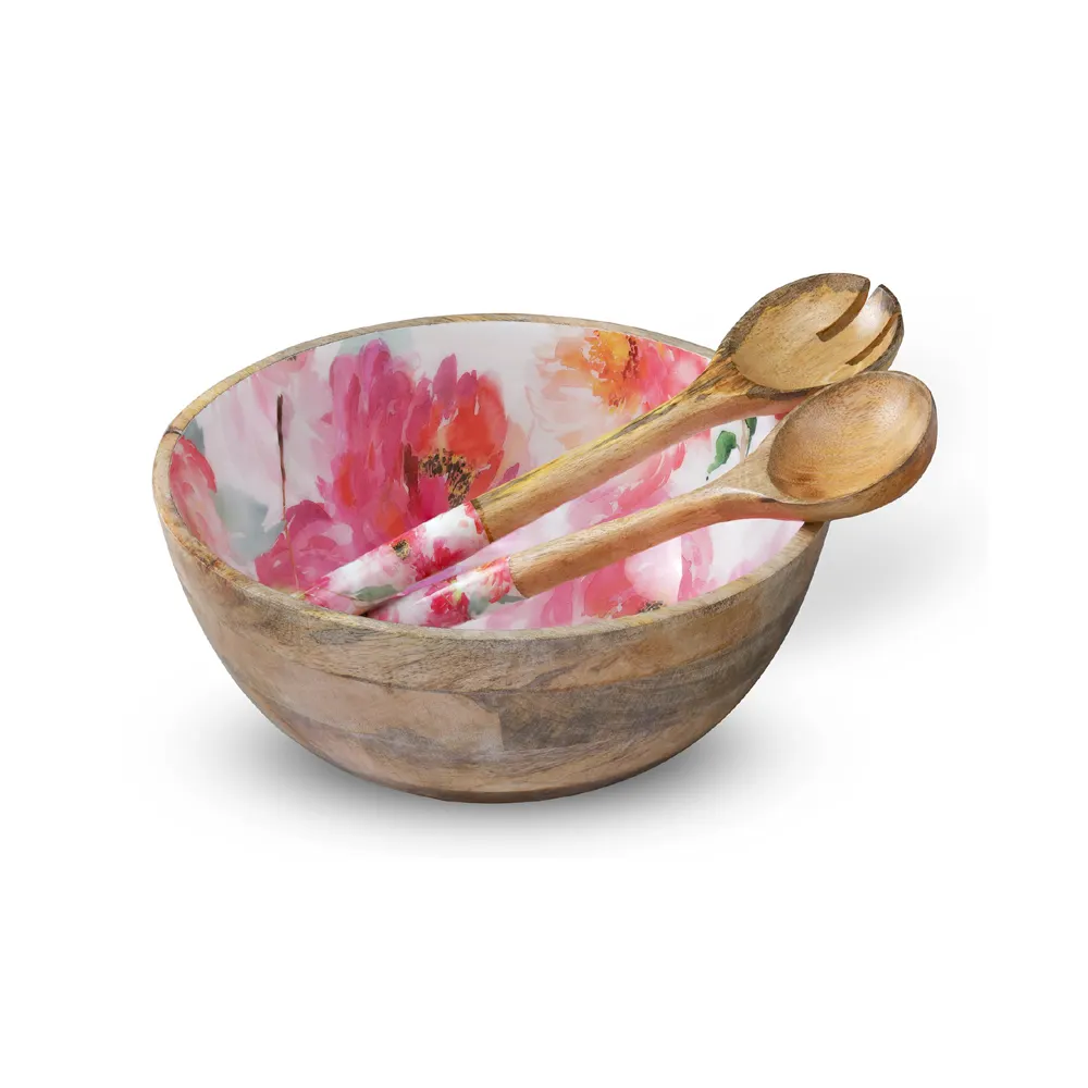 Pink Wooden Printed Salad Serving Bowls With Spoon Hot Sale Fancy Design Custom MAde