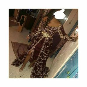 RED STYLISH KARAKOU CAFTAN DRESS EMBROIDERY OF DABKA, CRYSTAL GLASS BEADS,GLASS STONE WORK FOR PARTY-WEAR @ 2022 - Product Image 1