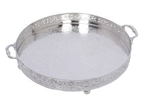 Plateau de service en plaqué argent, rond, gravé, plaqué argent, table moderne, décoration de Table, plateau à poignée, plateau de service en fer doré - Product Image 2
