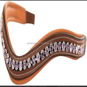 High Quality Premium Tan Leather Empty Channel Horse Brow Band Full Padded Decorate with Diamond Bling <b>Crystal</b> & Full <b>Stitching</b> - Product Image 2