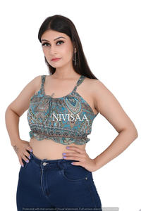 Top court moulant en Viscose et soie pour femme, vêtement de plage, Mini haut court imprimé pour femme, vêtement d'été style bohème indien fait à la main, à vendre - Product Image 3