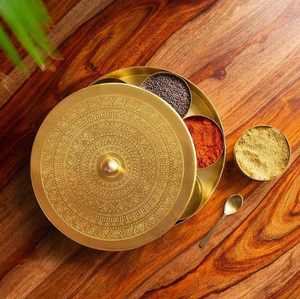 Indian Handcrafted Brass Metal Spice Box Kitchen Storage Containers Masala Box Decorative Round Spice daba