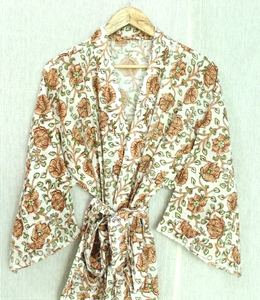 Hand Block Printed Mid-Calf Length <b>Kimono</b> Floral Indian Cotton Casual Dress V-Neck Natural Waistline Belt Loose Fit Summer Wear - Product Image 2