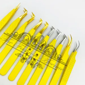 Pinzas de extensión de pestañas profesionales de alta calidad, juego de todas las formas, Color amarillo, Punta dorada y plateada, Etiqueta Privada
