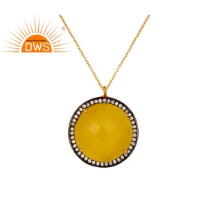 18k Gold Plated Chain Pendant Necklace Jewelry Supplier Round Yellow Moonstone Gemstone Zircon Set 925 Silver Jewelry