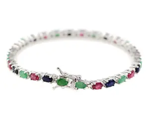 Natural Ruby Emerald Sapphire 5x3 MM Oval Shape Gemstone 925 Solid Silver For Women Tennis Style Bracelet By Indian Wholesaler