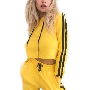 Wholesale women streetwear long sleeve crop top striped <b>hoodie</b> and trousers sweatsuits set - Product Image 1