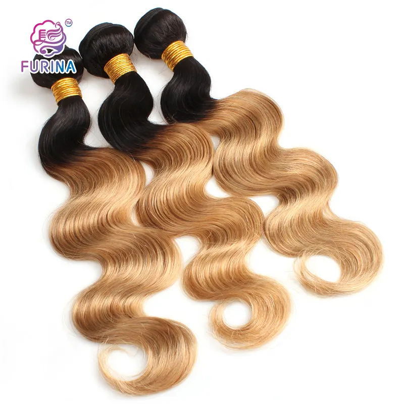 Factory wholesale 1B/27# hair extensions ombre Body wave human hair extensions 10-28inch weft human hair