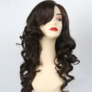 Grosir SARLA Wig Rambut Sintetis Coklat Keriting Panjang Kualitas Tinggi 28 "dengan Poni untuk Wig Rambut Pesta Cosplay Wanita Hitam