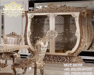 Muebles de comedor con acabado metálico plateado, muebles de comedor clásicos con acabado metálico para el hogar, comedor de lujo tallado pesado - Product Image 6