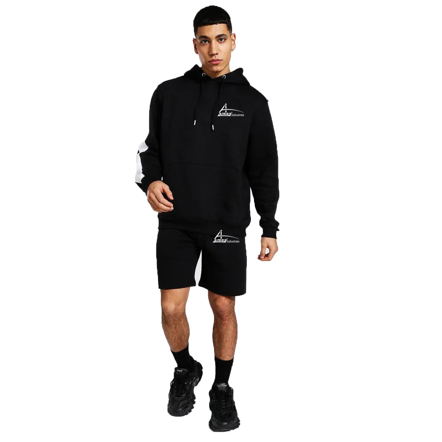 Customized Men's fancy side pockets Hooded With Jogging sets /Pullover pure black gents Hoodies set
