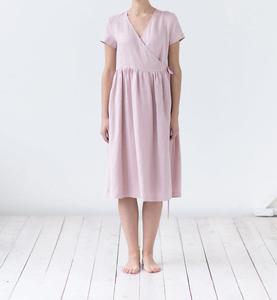 <b>Pink</b> V-neck Short Sleeve Linen Knee-Length Dress <b>Wrap</b> and Tie A-line Loose Formal Breathable Summer with Pockets - Product Image 1