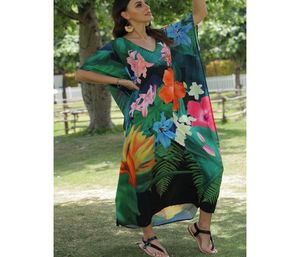 Caftán de talla grande de Dubái de alta calidad para mujer, elegante bohemio, estampado Floral, escote en V, manga corta, tejido hasta el suelo, Natural - Product Image 2