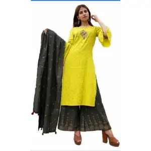 Ropa de oficina bordada étnica Kurti de algodón tradicional hecha en India Palazzo Set regalo propósito producto hecho a mano de La India