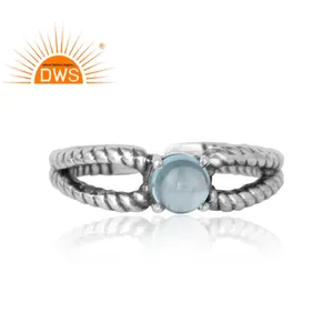 Blue Topaz Gemstone Prong Set Ring Indian Jewelry Wholesaler Ethnic Design 925 Oxidized Silver Ring Supplier