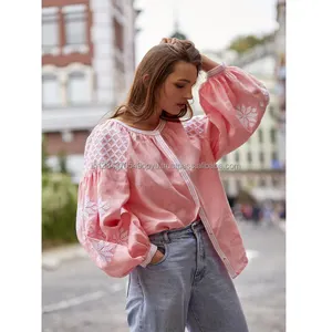 Butik Mewah Bordir Trendi Model Klasik Cantik Blus Perempuan Merah Muda Terbaik untuk Hadiah Natal Ukrainian Baju Atasan Wanita Bhoh