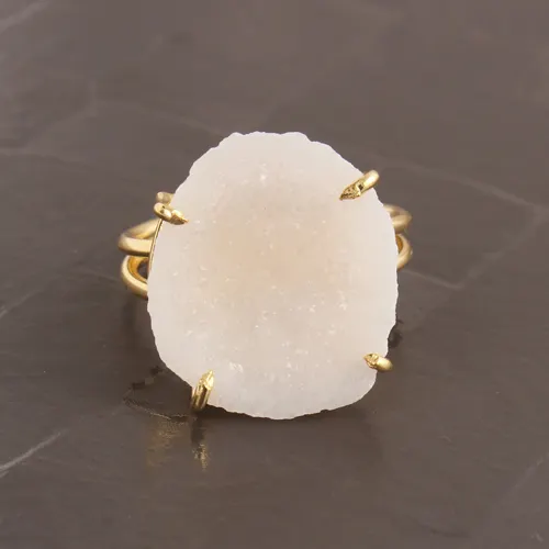 Cincin batu permata druzy putih alami geometris, cincin kuningan lapis emas 24K