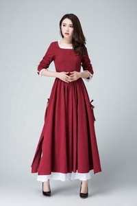 Robe en lin écologique à volants, couleur bordeaux unie, à bretelles, taille basse, coupe évasée, pour soirée, avec une belle fente latérale, pour femmes - Product Image 3