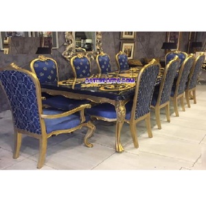 Juego de Mesa y Sillas de Comedor Estilo Barroco Real, Elegante Juego de Mesa de Comedor de Madera de Teca, Juego de Mesa de Comedor Azul de Madera de Teca Formal - Product Image 1