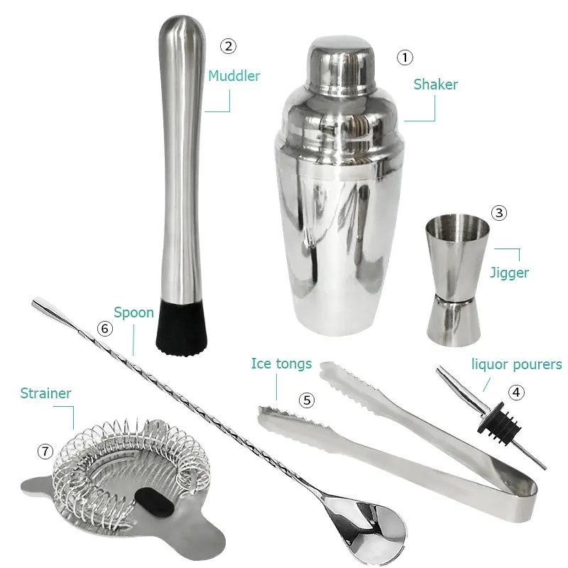 king international steel measuring cup set 20 50ml jiggers High Quality 7pcs Metal Stainless-Steel Cocktail Shaker and Ba