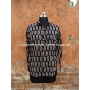 Camisa Negra de playa para hombre, camisa de manga larga con estampado de bloques Ajrakh, 100% algodón, de verano - Product Image 4