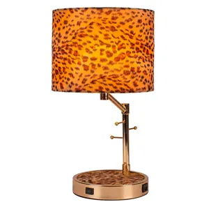 Luminária de mesa estampada de leopardo, BKLT-EG19, sombra, 3 acessórios, suporte para braços, porta de carregamento usb, fonte de energia extra