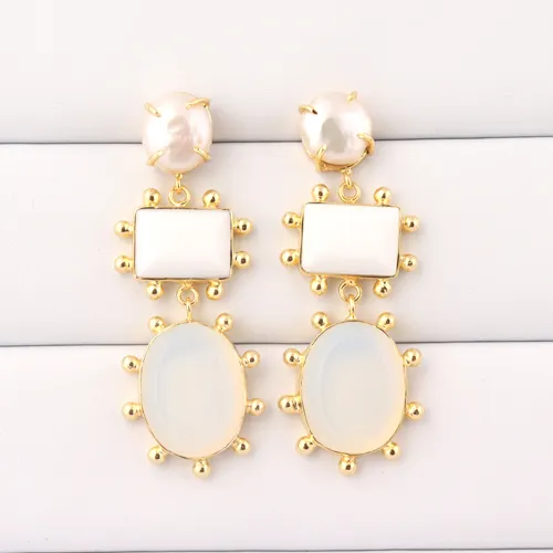 Natural pearl prong set drop dangle earring gold plated long hanging dangling fashion handmade women boho jewelry drops earrings