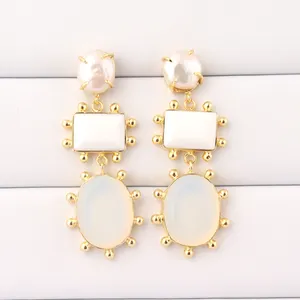Natural pearl prong set drop dangle earring gold plated long hanging dangling fashion handmade women boho jewelry drops earrings