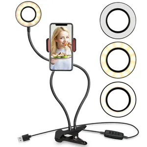 led ışık sopa tutucu Suppliers-2 in 1 cep telefonu tutucu halka ışık masa lambası Led Usb şarj edilebilir Video ışığı canlı Selfie halka ışık Tripod sopa telefon tutucu