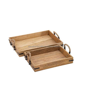 Plateau de service rectangulaire en bois d'acacia massif, plateau créatif moderne de haute qualité, Unique en bois naturel, avec poignées - Product Image 1
