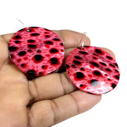 Red and black combination round shape enamel earring natural mother of pearl solid 925 sterling silver drop earring