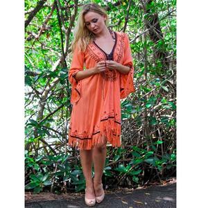 Dernière robe courte décontractée confortable facile à porter ourlet asymétrique motif floral brodé gland prix modéré couverture de plage - Product Image 1