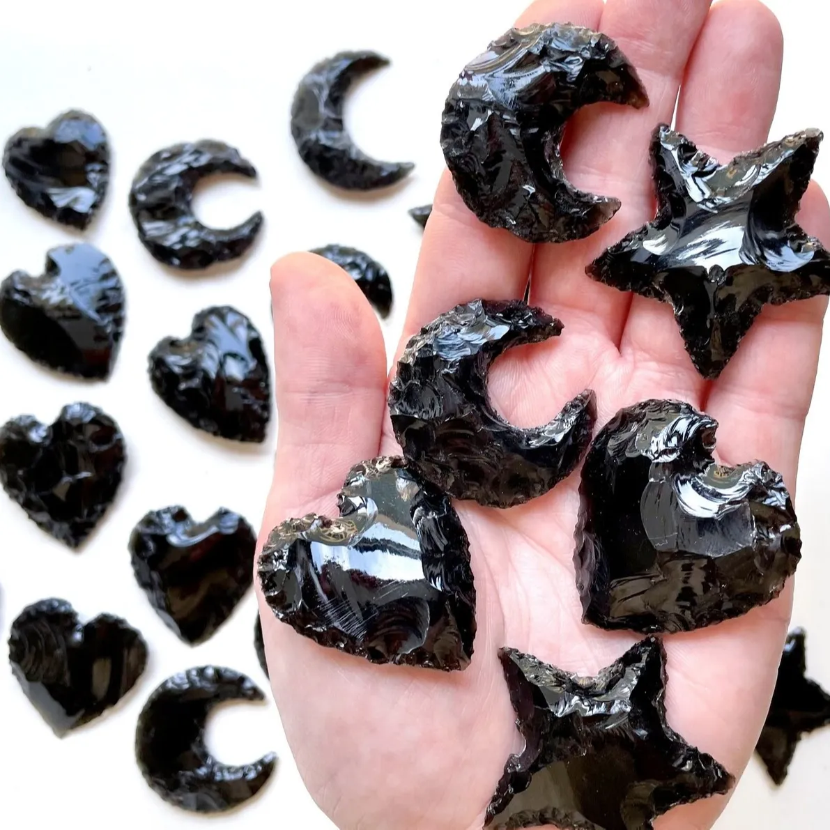 Beautiful Mix Black Obsidian Crescent Moon / Heart / Star / Top Quality Hand Crafted Black Stone Carved Moons Hearts and Stars