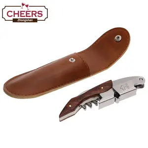 Professional Wine Opener Keys Natural Wood Handle Double-Hinged Stainless Steel Screw Beer Bottle Corkscrew With Leather Pouch