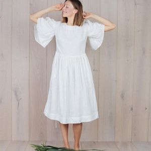 High-quality Formal A-Line Midi <b>Dress</b> Solid <b>White</b> Color O-neck Half Sleeve Knee Length Breathable Summer Women Linen <b>Dress</b> - Product Image 1