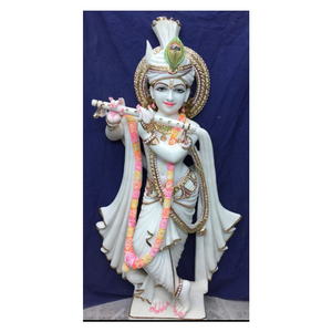 Handcrafted Beautiful Vietnam White Marble Hand <b>Painted</b> Lord Krishna Standing Sculpture For Janmashtami - Product Image 1