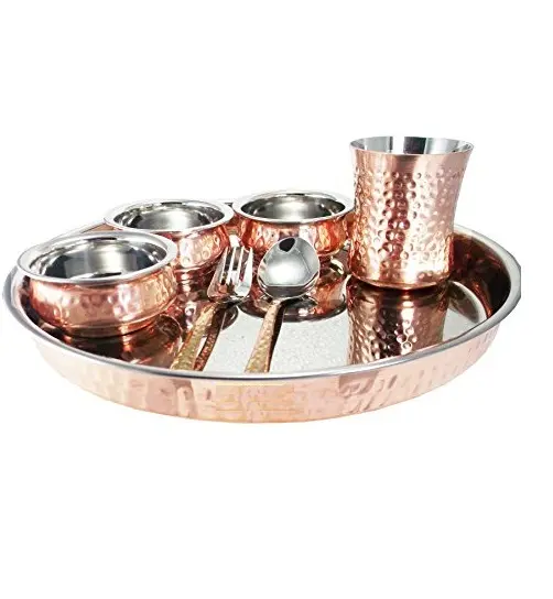Pasokan pabrik baja tembaga bentuk bulat Set Thali meja dipalu makanan atas Set Makan malam Thali di India hadiah pernikahan