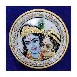 Plaque décorative peinte en or, accessoire de décoration en marbre blanc, Radha Krishna, idée cadeau - Product Image 1