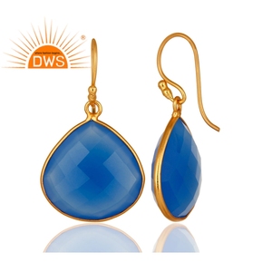 Boucles d'oreilles tendance pour mariage et soirée, plaquées or, en argent 925, avec pierre précieuse en calcédoine bleue - Product Image 3