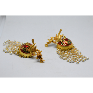 traditional 2022 latest meenakari golden matte finishing brass peacock stud <b>long</b> jhumka hoop <b>earing</b> for girls and women - Product Image 2