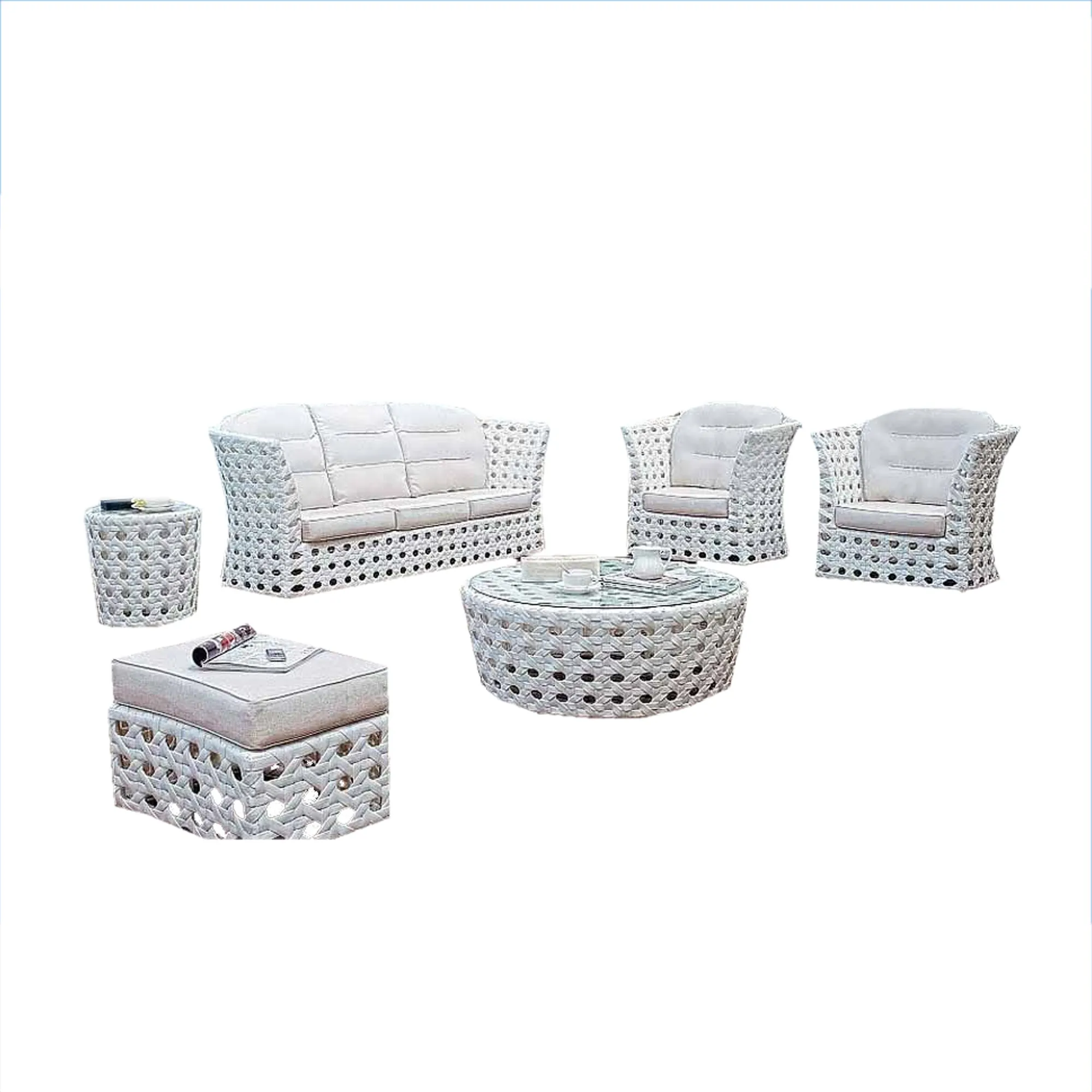 Witte Rotan Outdoor Sofa Sets Top Kwaliteit 5 Zits Aluminium Rotan Netto Ontwerp Weven Patio Sofa Sets