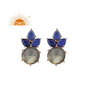 Pretty Small Labradorite & Lapis Gemstone <b>Stud</b> <b>Earring</b> Rose Gold Plated <b>Silver</b> <b>Earring</b> Wholesale <b>Silver</b> <b>Stud</b> <b>Earring</b> - Product Image 1