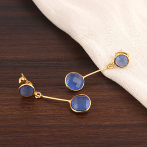 ต่างหู Chalcedony ทรงกลมสีน้ำเงินสำหรับผู้หญิง,ตุ้มหูแบบห้อยชุบทองน้ำหนักเบา - Product Image 6