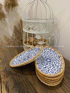 Artisanat vietnamien, plateau de service en rotin naturel, assiette en porcelaine florale faite à la main, plats en céramique pour fruits, plat de service en osier pour aliments - Product Image 6