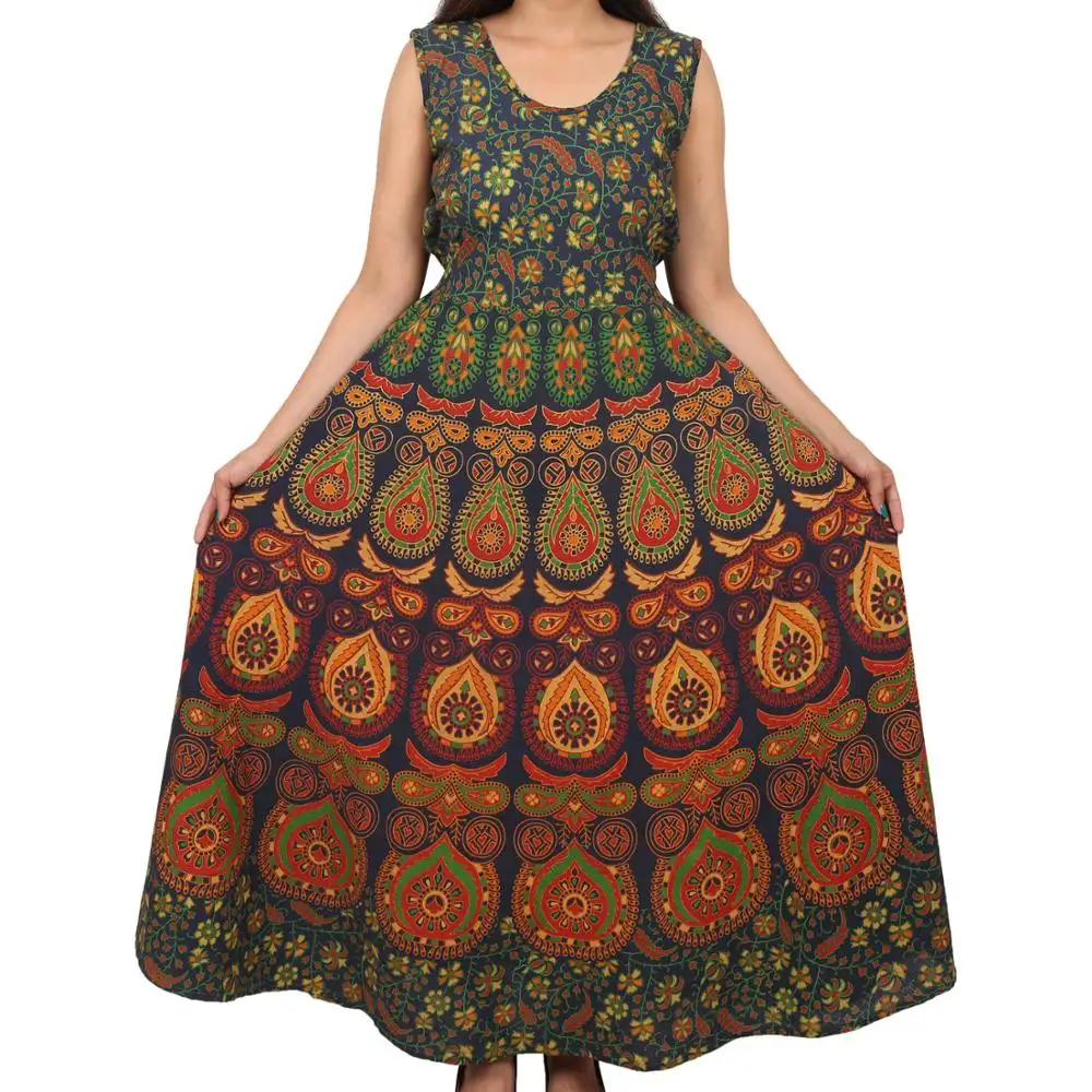Traditional Mandala Women Kurtis Dress Midi Gown Multicolor Maxi Evening Dress 100% Cotton Indian Summer Blouses & Tops Long