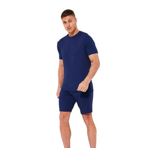 Conjuntos de verano de camisetas y pantalones cortos de algodón orgánico, ropa para correr, conjunto de pista con logotipo personalizado, Color azul - Product Image 4