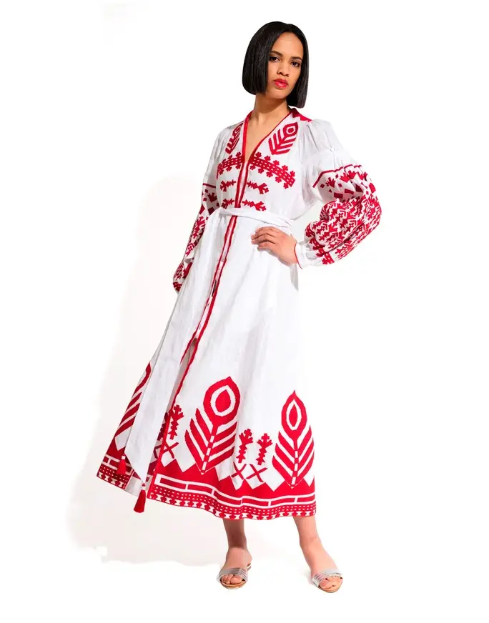 New Fashion Wholesale vintage look white ukrainian Dress with red embroidery with tassel full sleeve long maxi dress