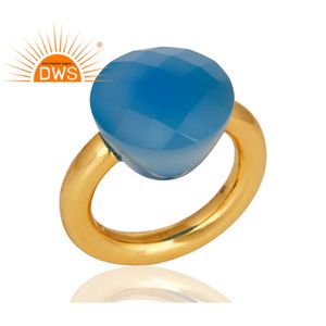 Bague à facettes en calcédoine bleue naturelle, pierre précieuse, plaqué or 18k, argent Sterling, vente en gros - Product Image 2