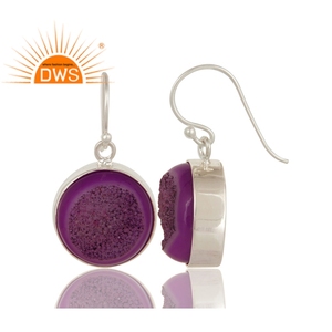 Genuine Sterling <b>Silver</b> Jewelry Supplier Purple Druzy Agate Gemstone Round Shape Bezel Set <b>Dangle</b> <b>Earring</b> Jewelry Wholesaler - Product Image 2
