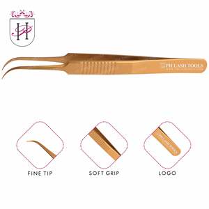 Pinzas de extensión de pestañas doradas, con agarre para dedo, diseño de volumen curvo, pinzas de extensión de pestañas, Etiqueta Privada - Product Image 1